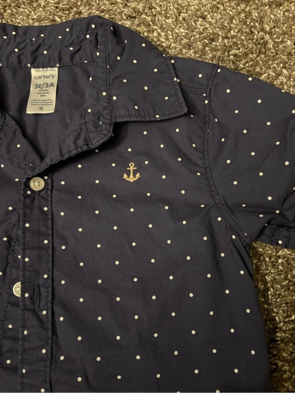 Carter's Navy Blue Short Sleeve Button-Down Shirt with White Polka Dots